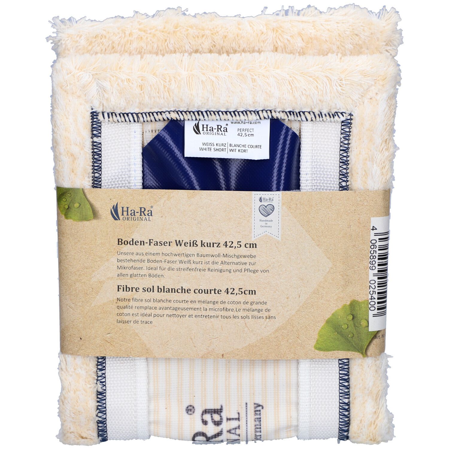 Fibres sol blanches courtes, 42,5 cm. Lingettes rectangulaires emballées. Étiquette produit avec nom et logo.