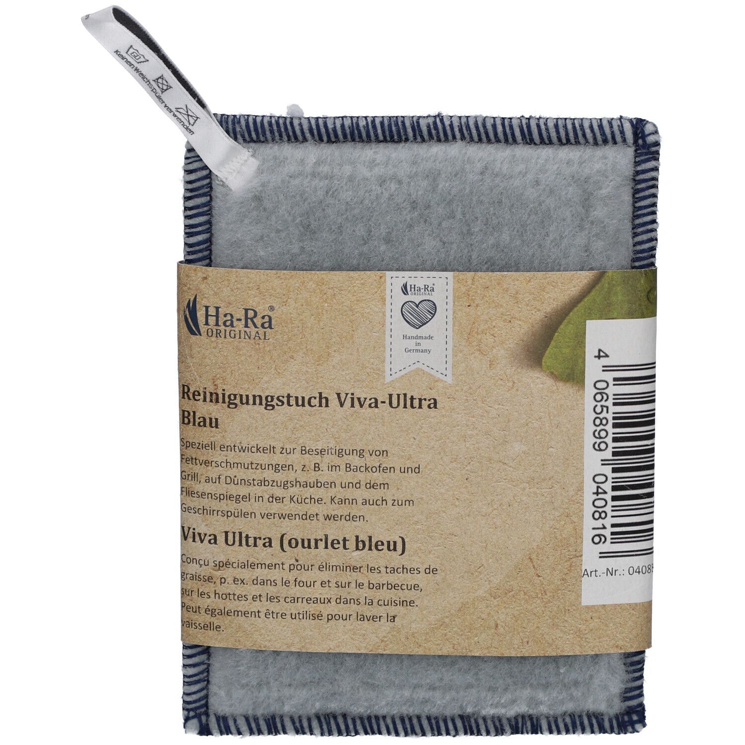 Blaues Reinigungstuch mit Etikett. Text: Ha-Ra Reinigungstuch Viva-Ultra blau. Verpackung mit Produktinformationen.