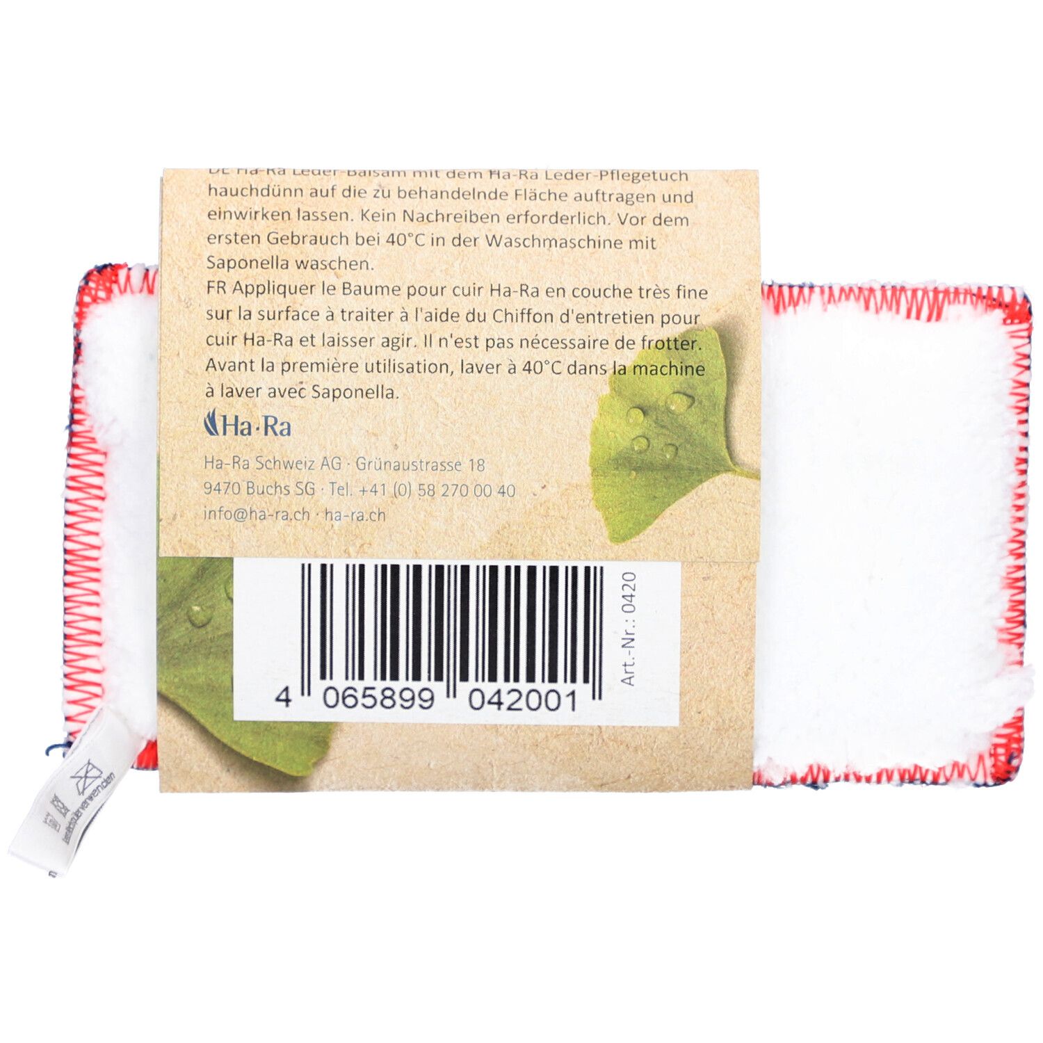 Rückseite der Verpackung mit Text und Barcode. Text: Ha-Ra, Lederbalsam, Saponella. Art.-Nr.: 0420.