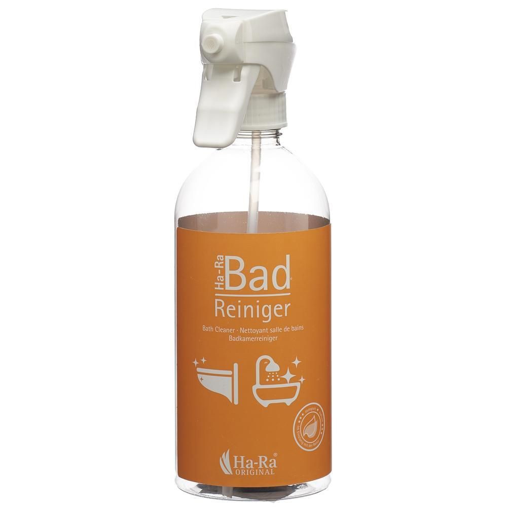 Flacon pulvérisateur transparent avec tête blanche. Étiquette orange avec texte 'Bad Reiniger' et logo.