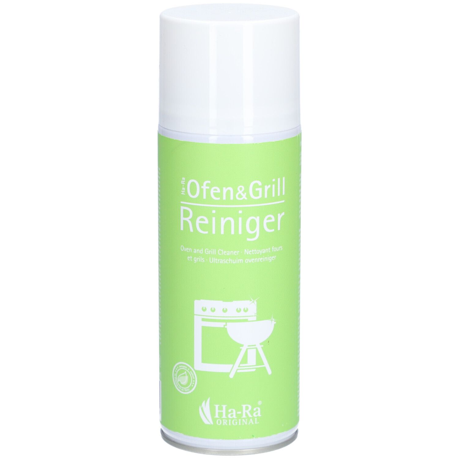 Reinigungsspray für Ofen und Grill. Grüne Dose mit weißem Deckel. Logo: Ofen und Grill, Ha-Ra Originale.