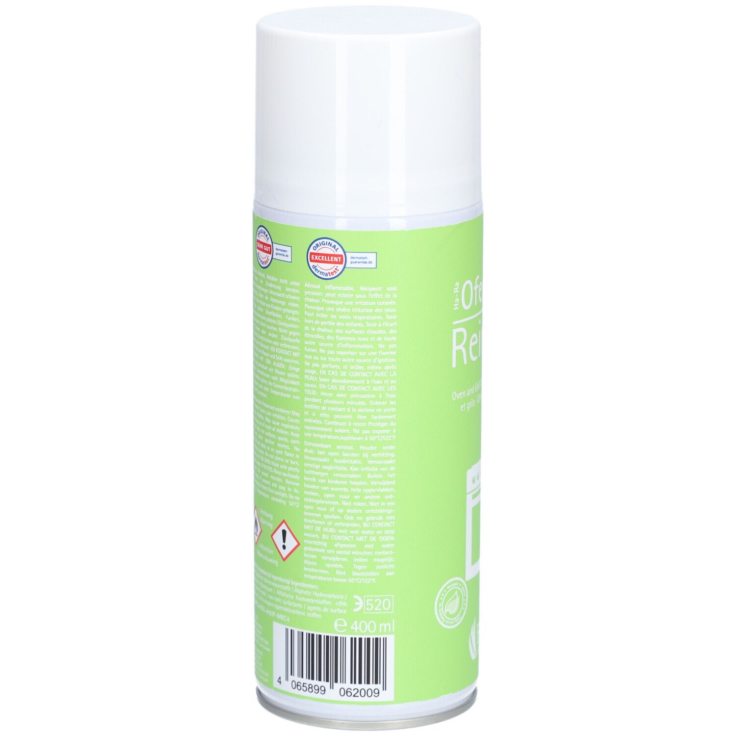 Rückseite der Reinigungspray-Dose. Text in mehreren Sprachen. Warnhinweise und Zertifizierungen.