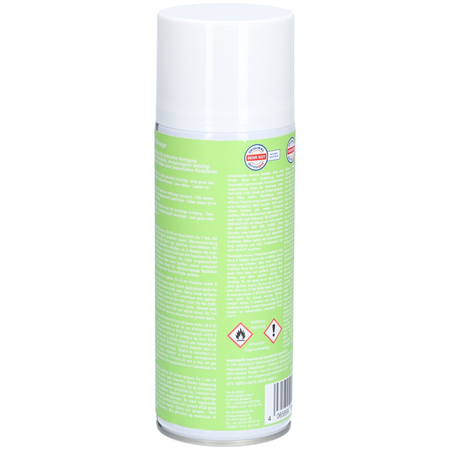 Rückseite der Reinigungspray-Dose. Text in mehreren Sprachen. Warnhinweise und Zertifizierungen.