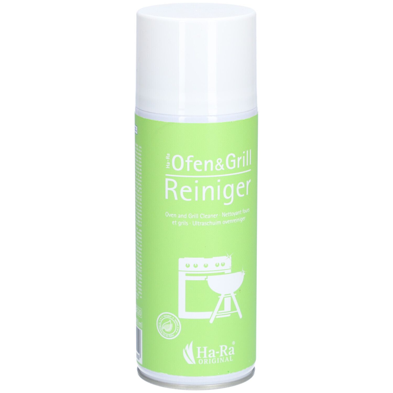 Reinigungsspray für Ofen und Grill. Grüne Dose mit weißem Deckel. Logo: Ofen und Grill, Ha-Ra Originale.