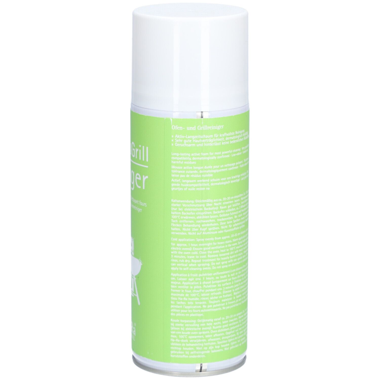 Rückseite der Reinigungspray-Dose. Text in mehreren Sprachen. Warnhinweise und Zertifizierungen.