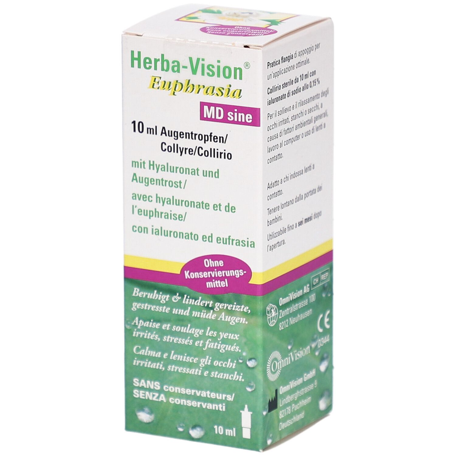 Weiß-gelbe Faltschachtel. Aufschrift: Herba-Vision Euphrasia MD sine, 10 ml Augentropfen. Enthält Hyaluronat und Augentrost. Ohne Konservierungsmittel.