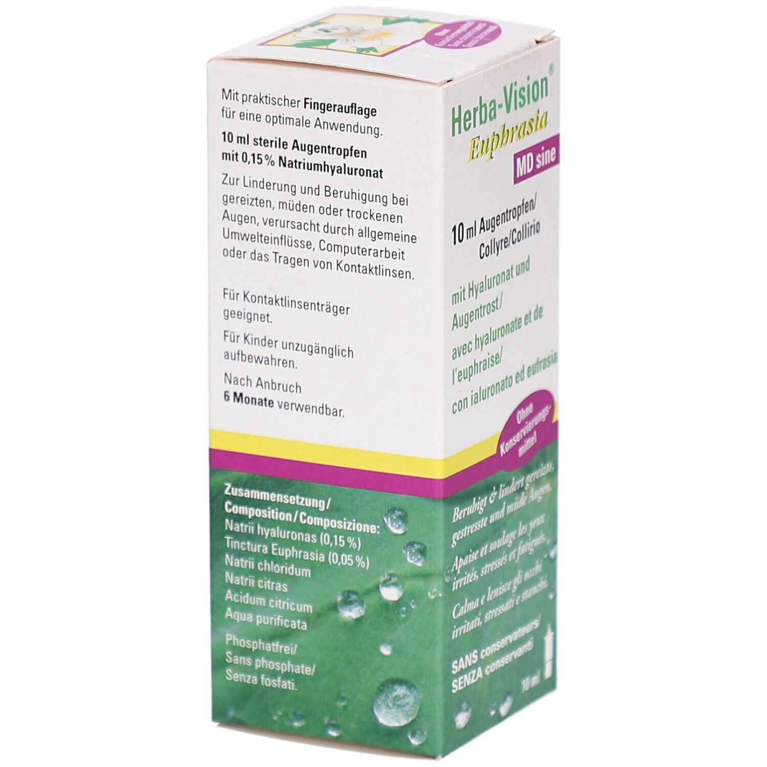 Faltschachtel mit Text. Enthält 10 ml sterile Augentropfen mit 0,15% Natriumhyaluronat. Für Kontaktlinsenträger geeignet. Zusammensetzung aufgeführt.