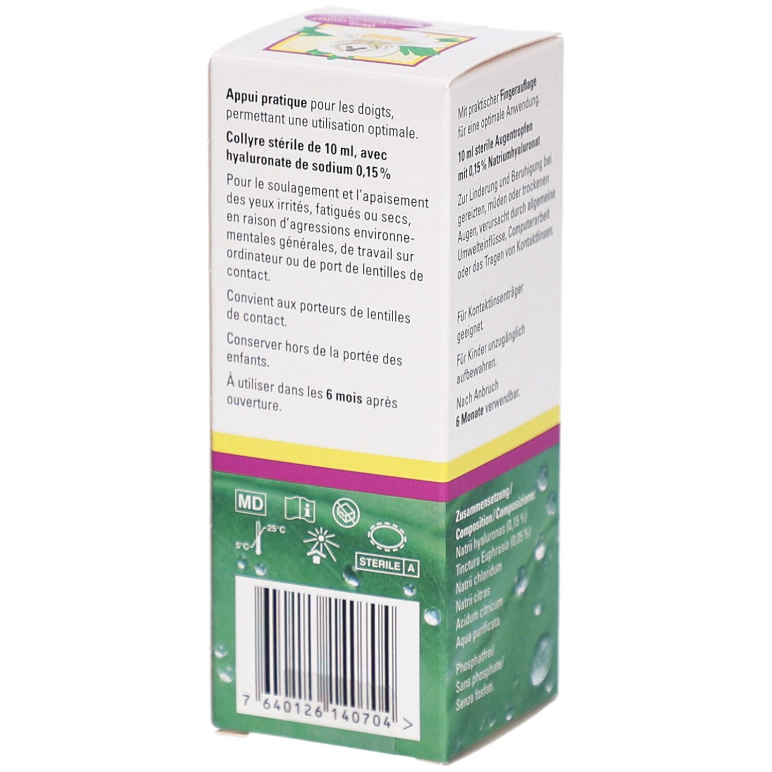 Faltschachtel mit Text und Barcode. Enthält 10 ml sterile Augentropfen. Text in Deutsch, Französisch, Italienisch. MD-Zeichen.