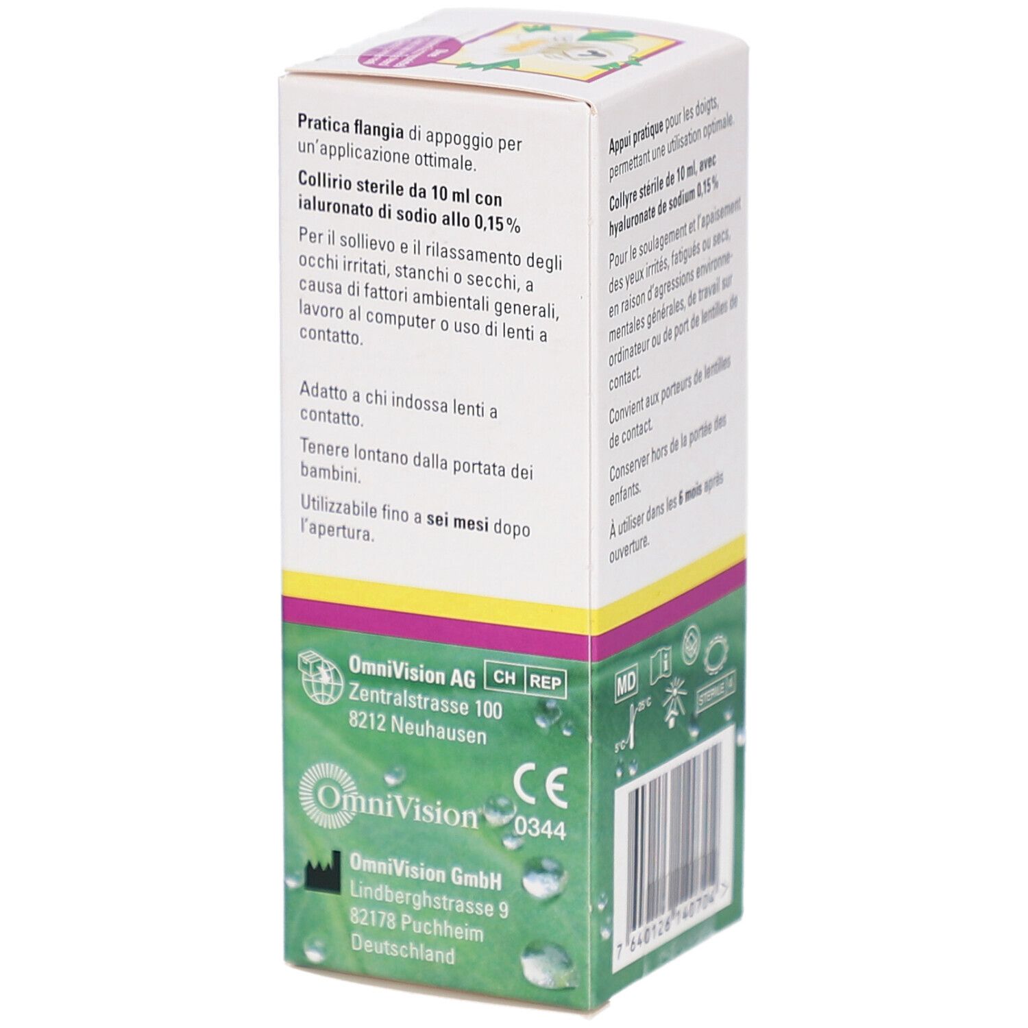 Faltschachtel mit Text. Enthält 10 ml sterile Augentropfen. OmniVision AG, CH REP. CE-Zeichen. Anschrift.