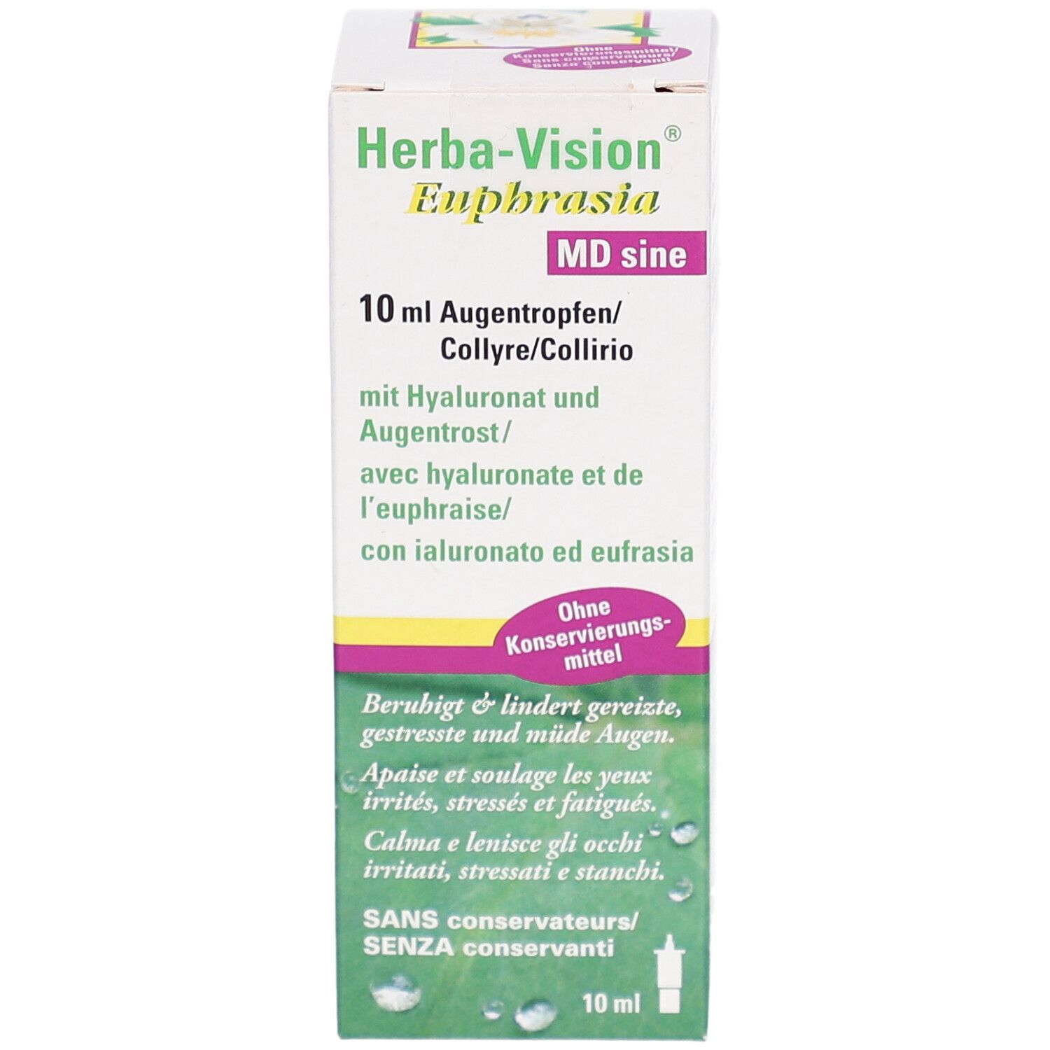 Weiß-gelbe Faltschachtel. Aufschrift: Herba-Vision Euphrasia MD sine, 10 ml Augentropfen. Enthält Hyaluronat und Augentrost. Ohne Konservierungsmittel.