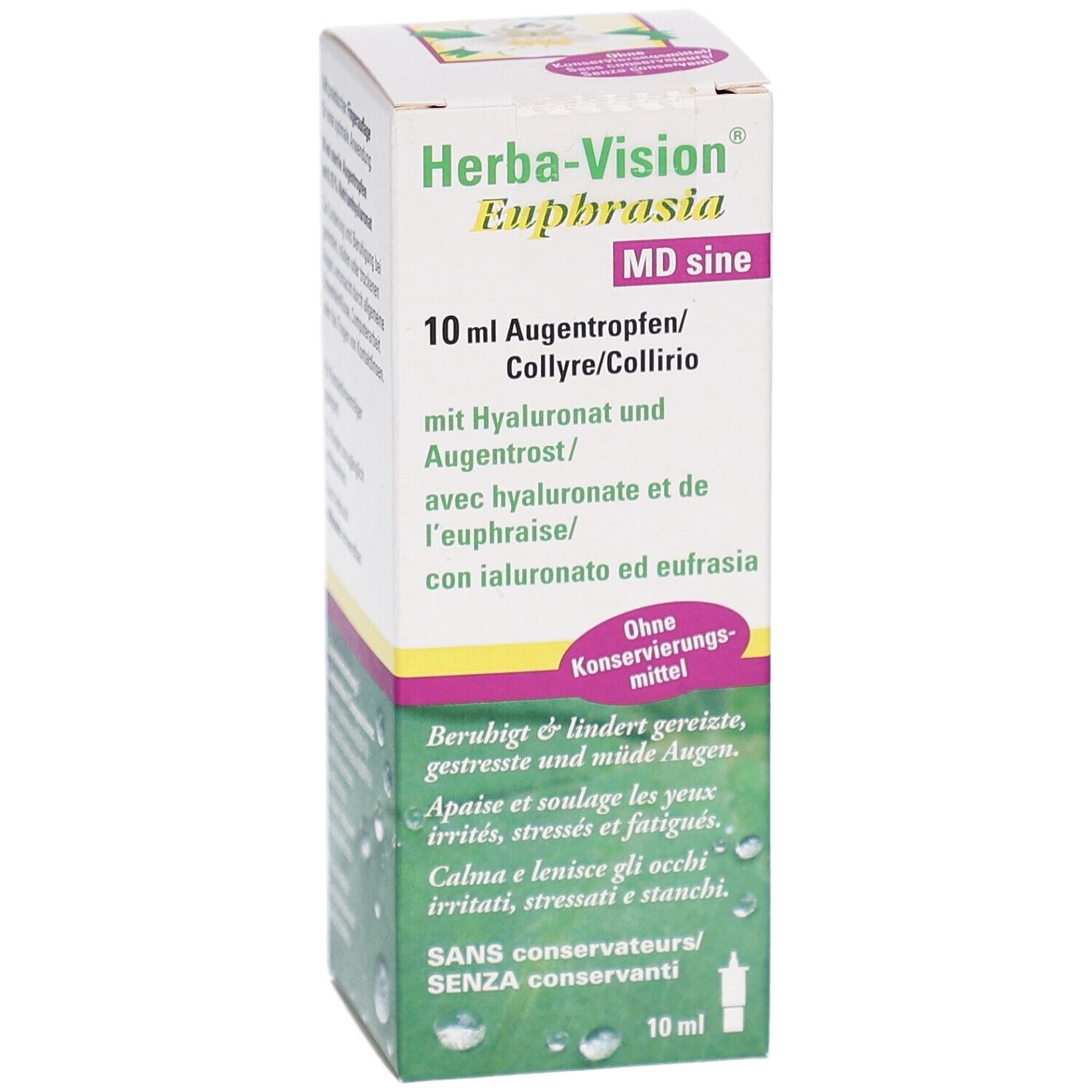 Weiß-gelbe Faltschachtel. Aufschrift: Herba-Vision Euphrasia MD sine, 10 ml Augentropfen. Enthält Hyaluronat und Augentrost. Ohne Konservierungsmittel.