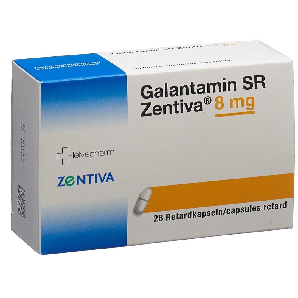 Boîte en carton avec des accents bleus et jaunes. Inscription : Galantamin SR Zentiva Ret Kaps 8 mg 28 Stk.