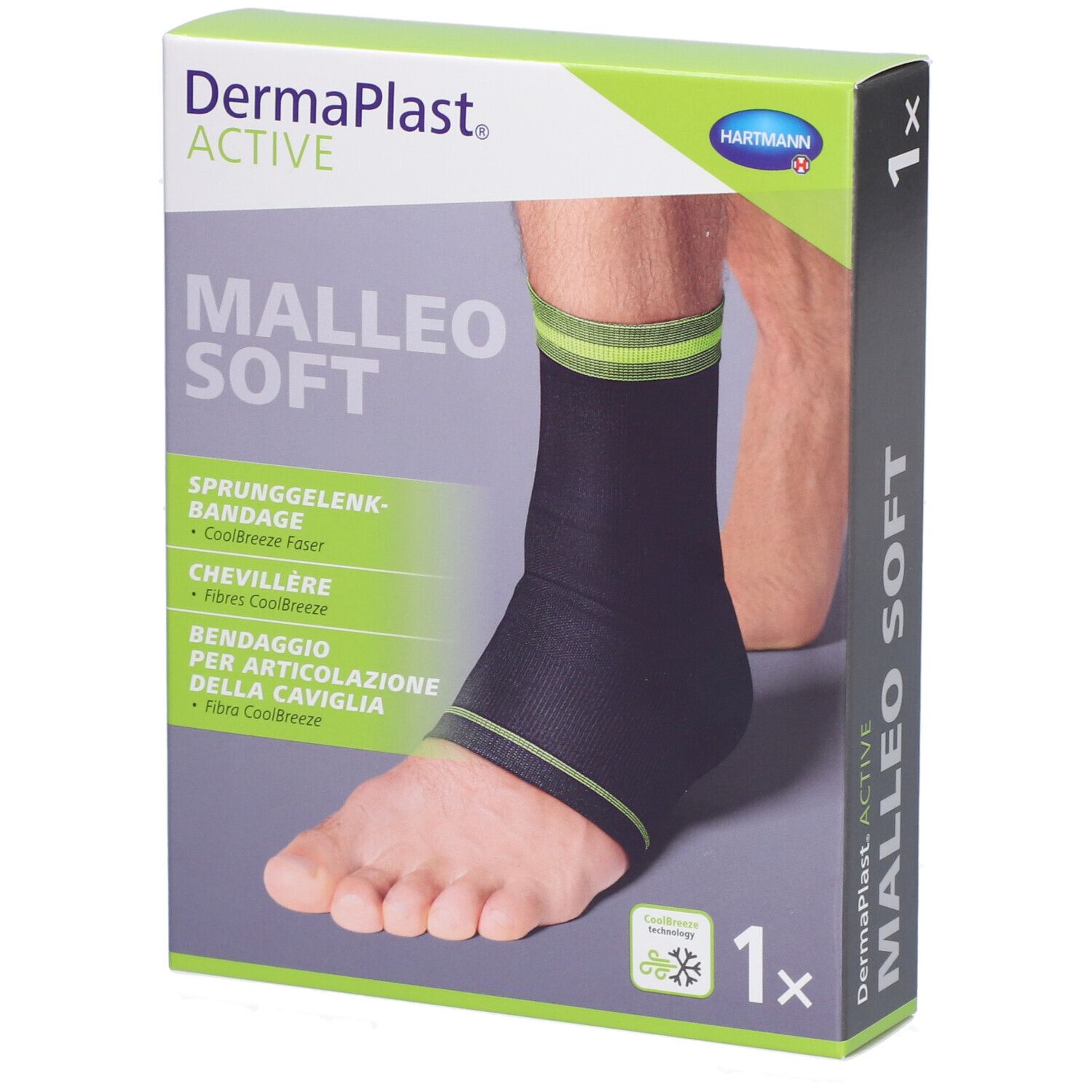 Verpackung mit Dermaplast Aktiv Malleo Soft. Bandage am Fuß abgebildet. Grün-schwarzes Design. 1 Stück.