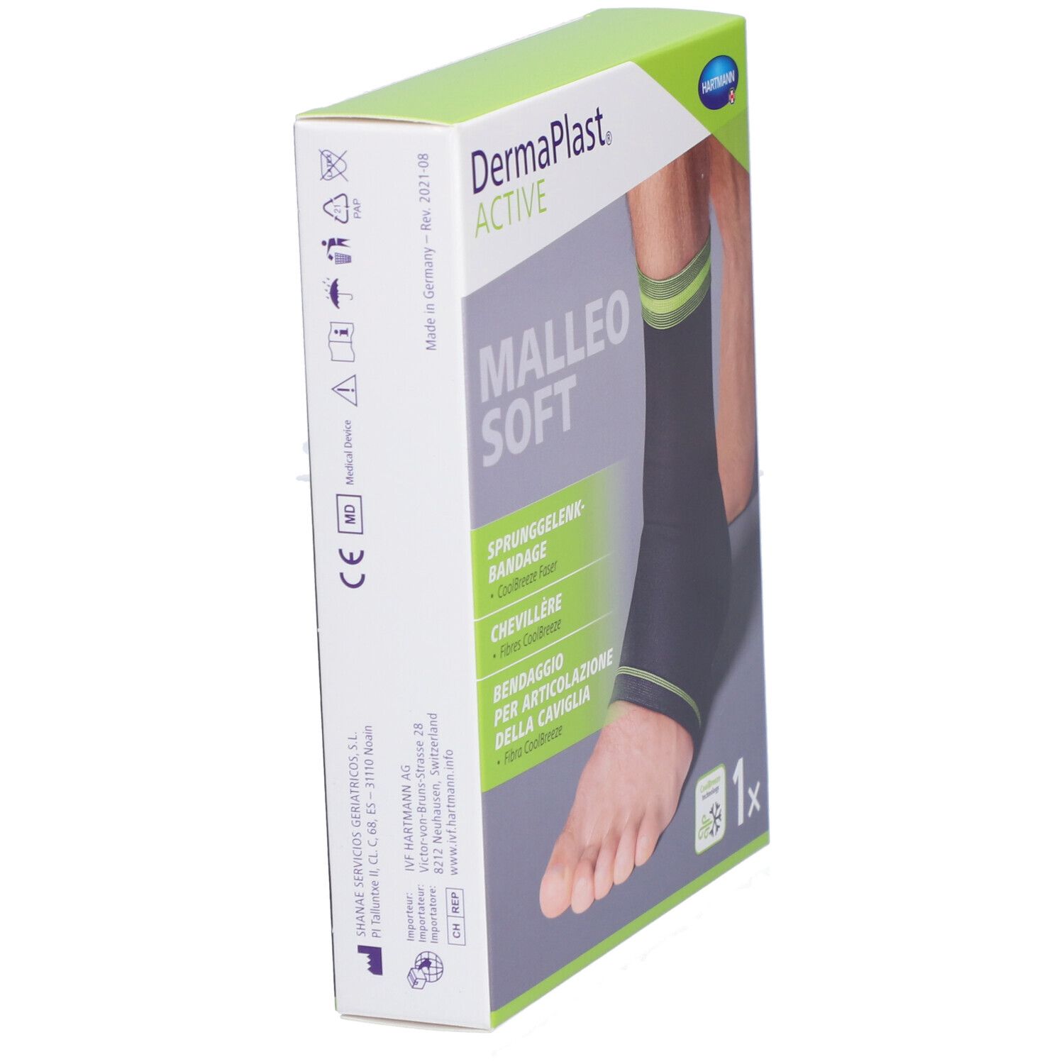 Verpackung Dermaplast Aktiv Malleo Soft. Bandage am Fuß abgebildet. Grün-schwarzes Design. 1 Stück.