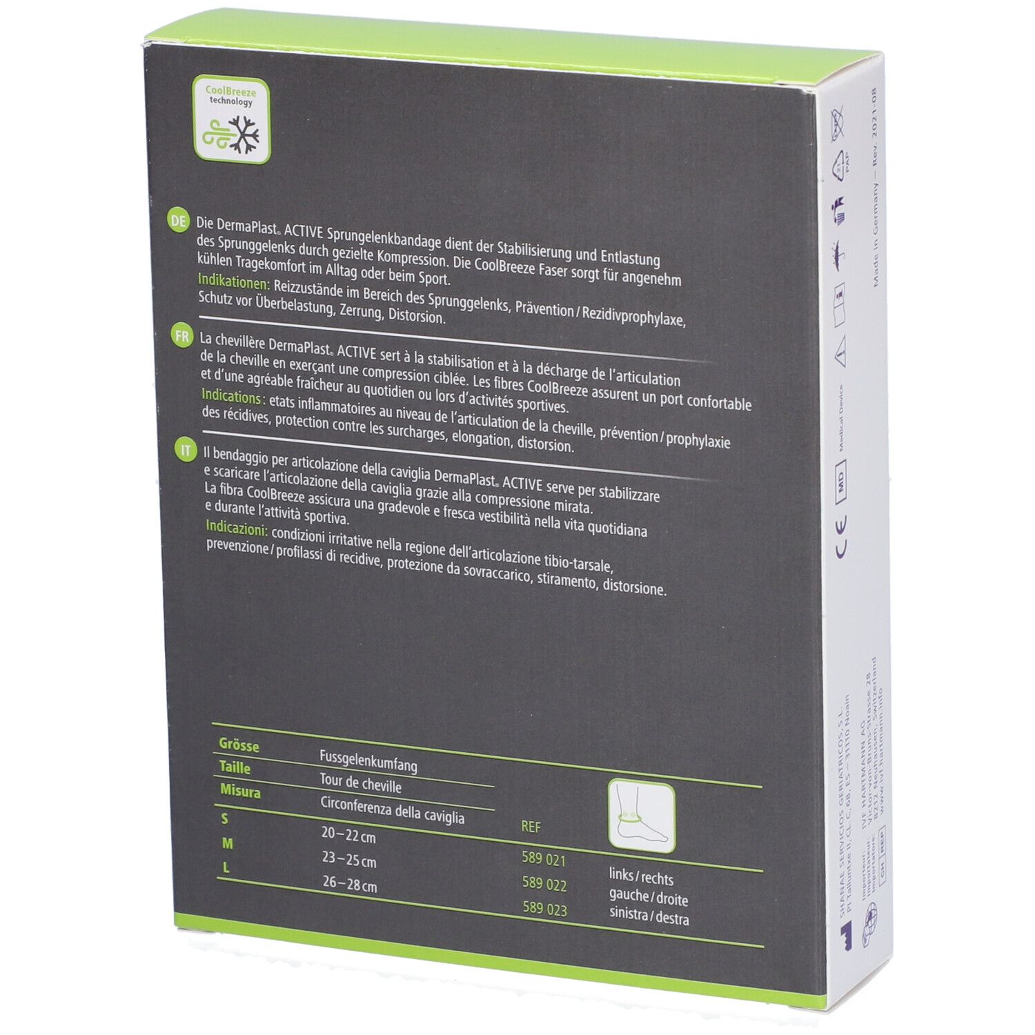 Rückseite der Verpackung von Dermaplast Aktiv Malleo Soft. Text in Deutsch, Französisch und Italienisch. Größenangaben.