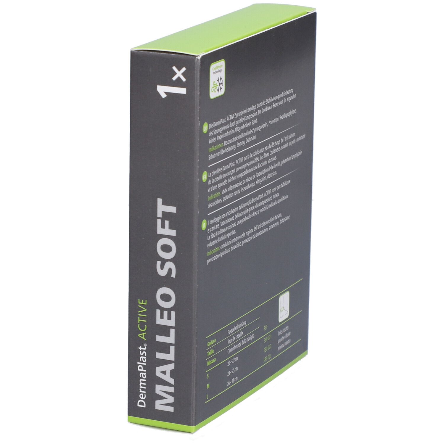 Seite der Verpackung Dermaplast Aktiv Malleo Soft. Text und Logo. Grün-schwarzes Design. 1 Stück.