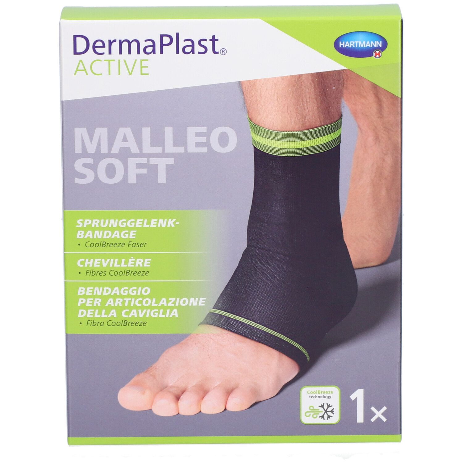 Verpackung mit Dermaplast Aktiv Malleo Soft. Bandage am Fuß abgebildet. Grün-schwarzes Design. 1 Stück.
