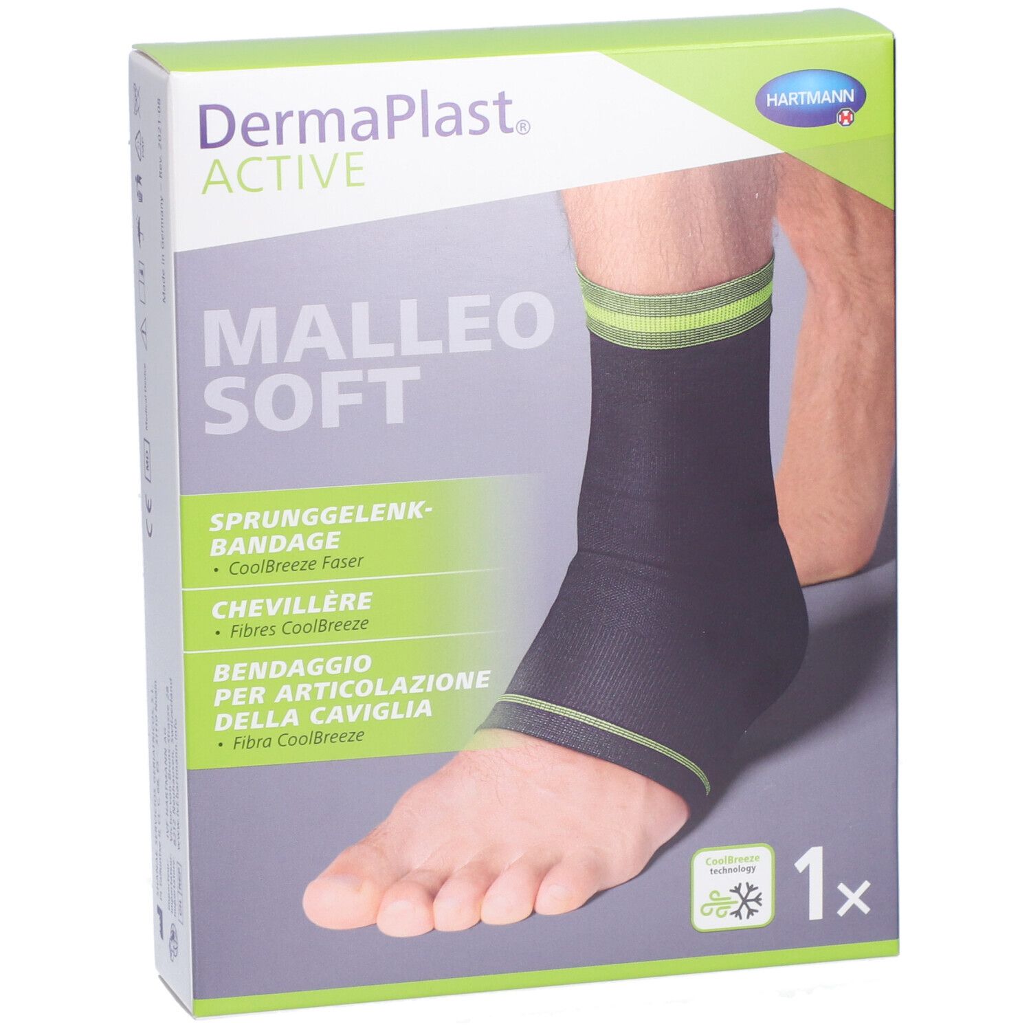 Verpackung mit Dermaplast Aktiv Malleo Soft. Bandage am Fuß abgebildet. Grün-schwarzes Design. 1 Stück.