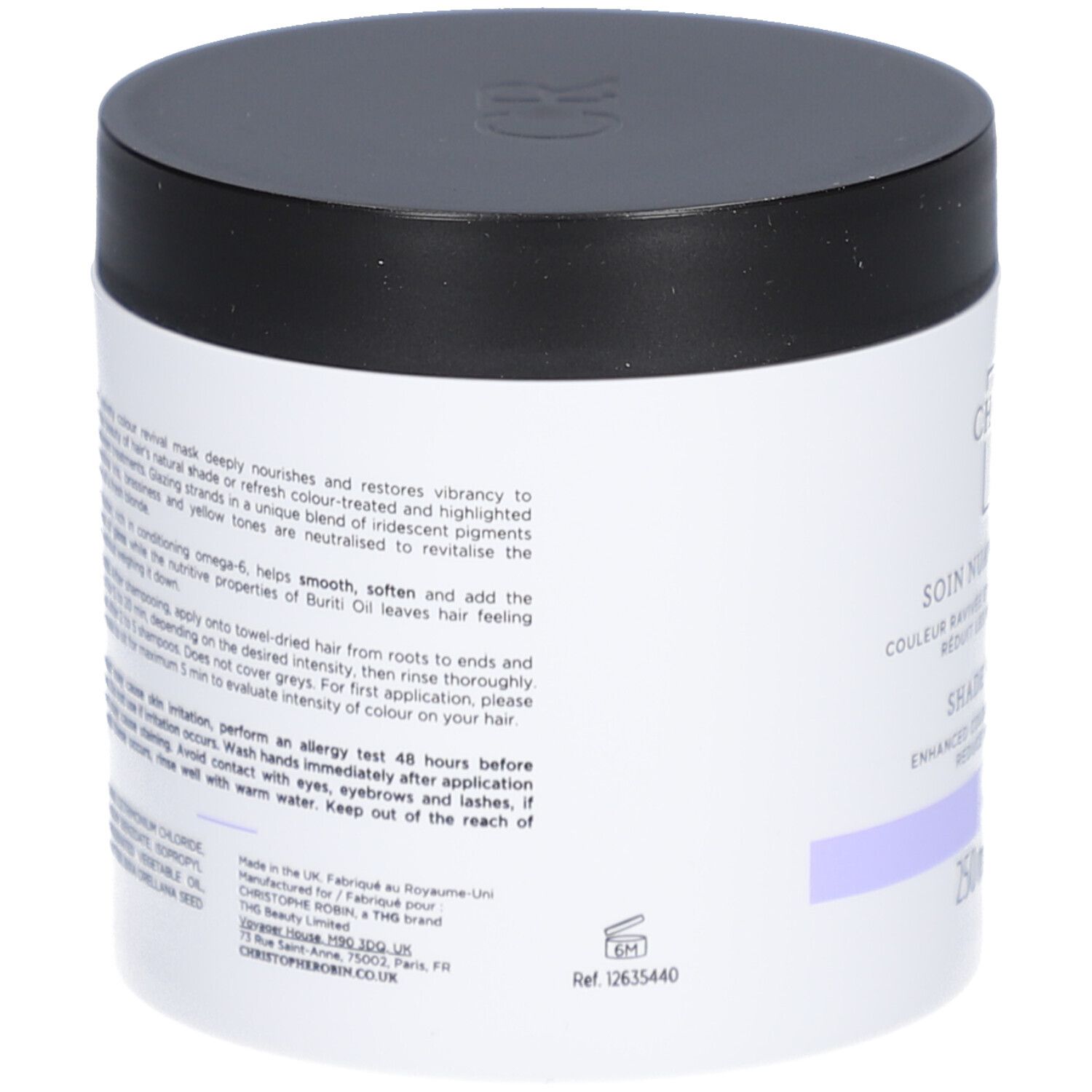 Pot cylindrique noir et blanc. Inscription: Christophe Robin, Shade Variation Mask. Bande violette.