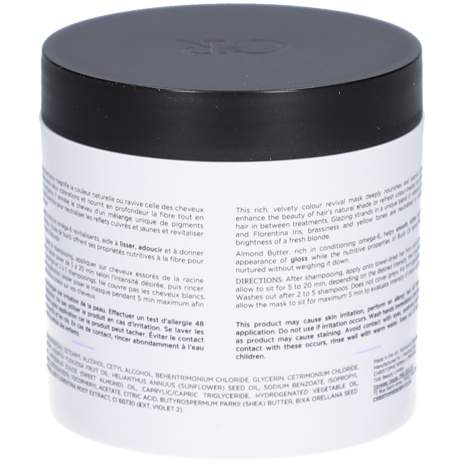 Pot cylindrique noir et blanc. Inscription: Christophe Robin, Shade Variation Mask. Bande violette.