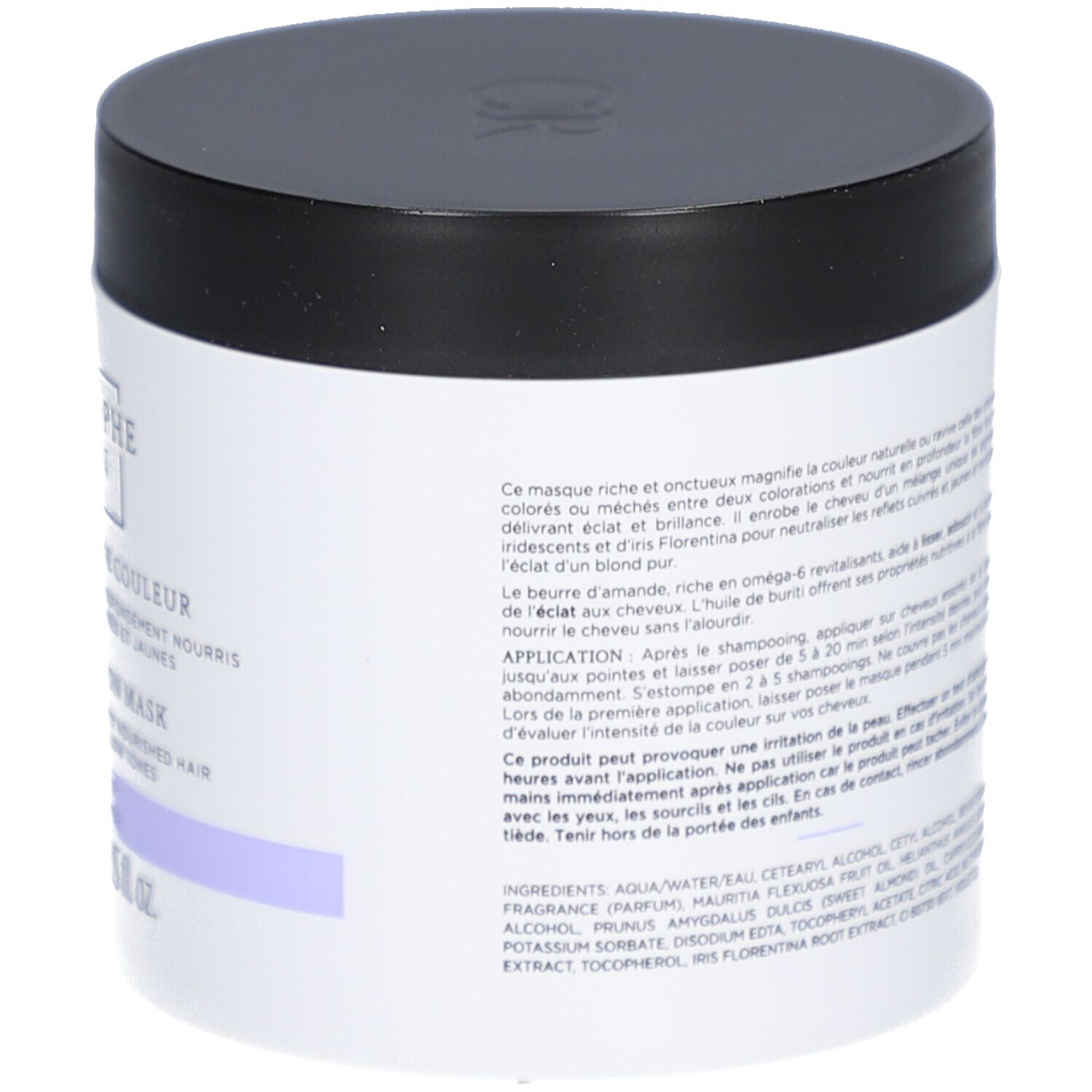 Pot cylindrique noir et blanc. Inscription: Christophe Robin, Shade Variation Mask. Bande violette.