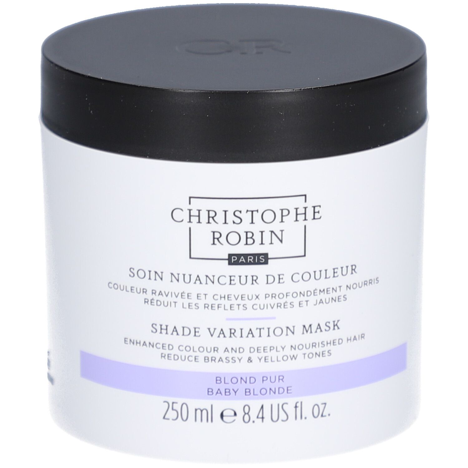 Pot cylindrique noir et blanc. Inscription: Christophe Robin, Shade Variation Mask. Bande violette.