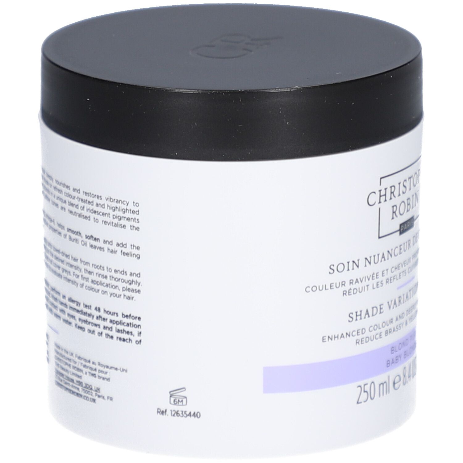 Pot cylindrique noir et blanc. Inscription: Christophe Robin, Shade Variation Mask. Bande violette.