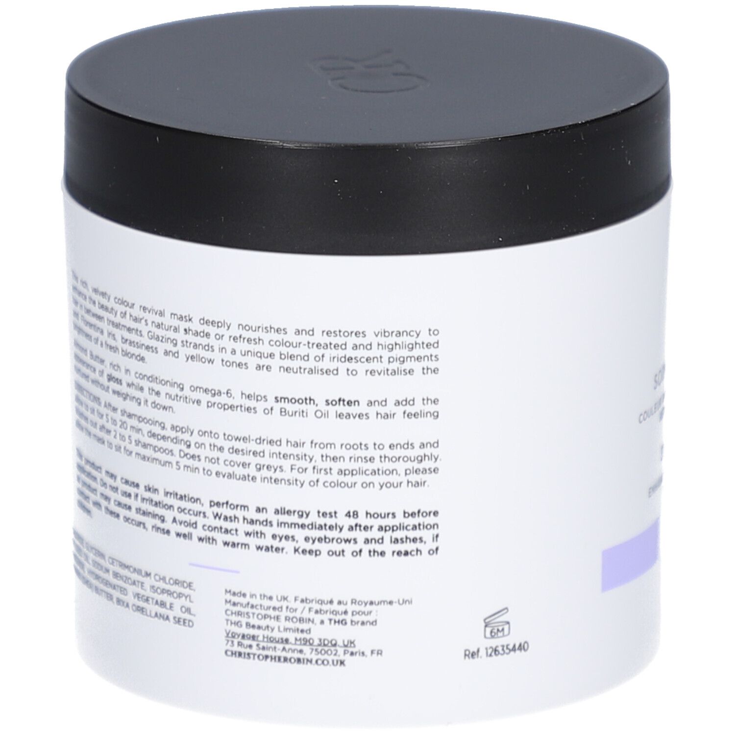 Pot cylindrique noir et blanc. Inscription: Christophe Robin, Shade Variation Mask. Bande violette.