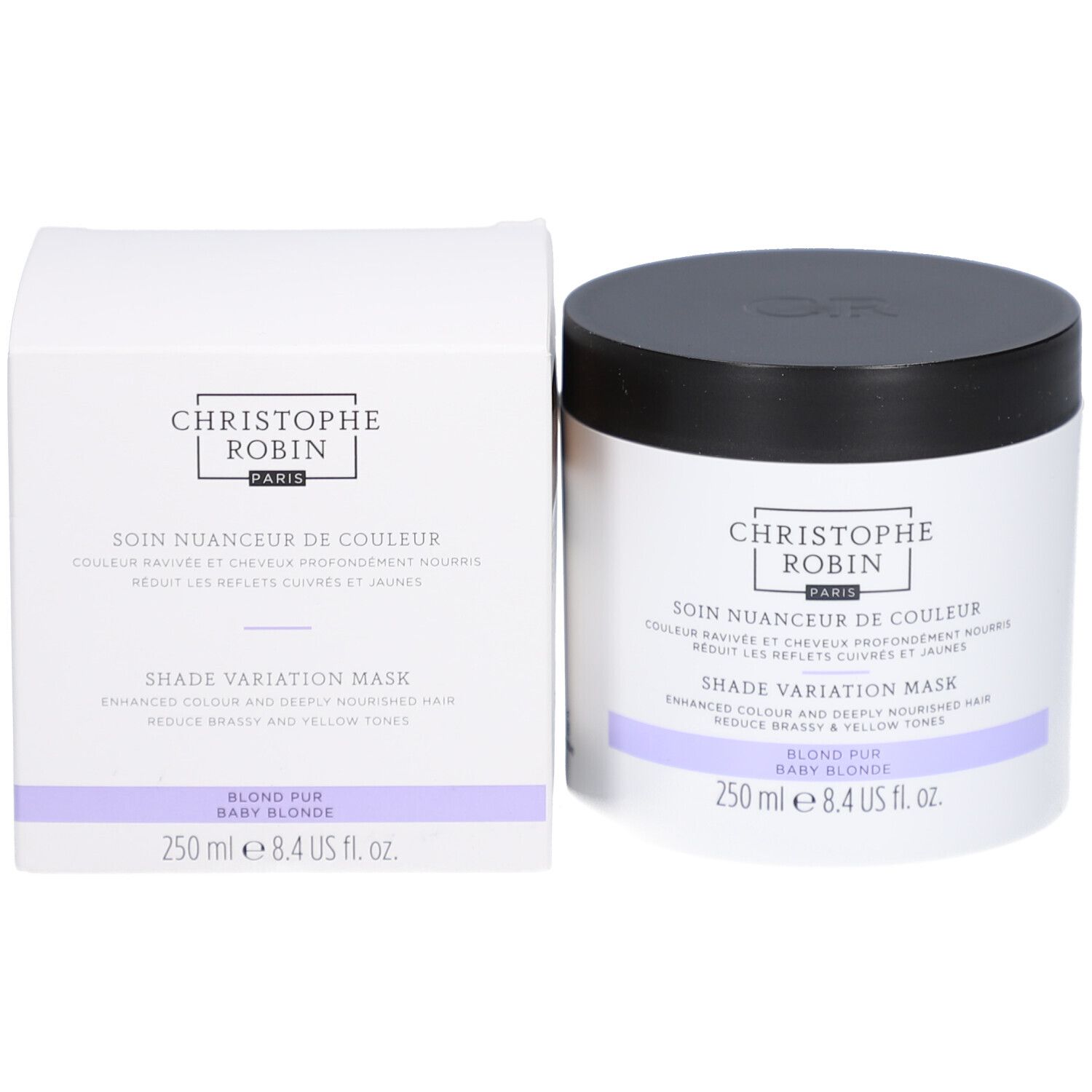 Emballage produit: pot et boîte. Inscription: Christophe Robin, Shade Variation Mask. Bande violette.