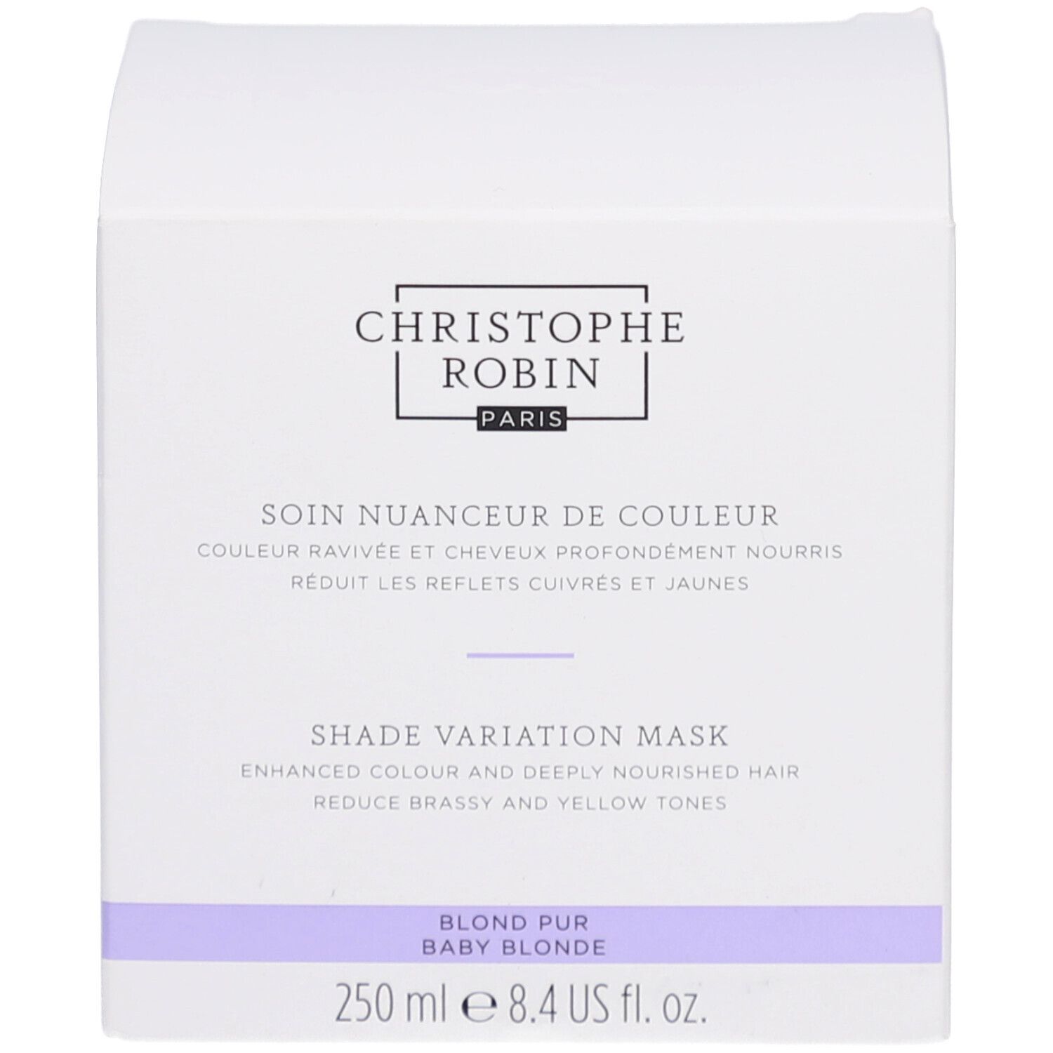 Boîte blanche. Inscription: Christophe Robin, Shade Variation Mask. Bande violette. 250 ml.