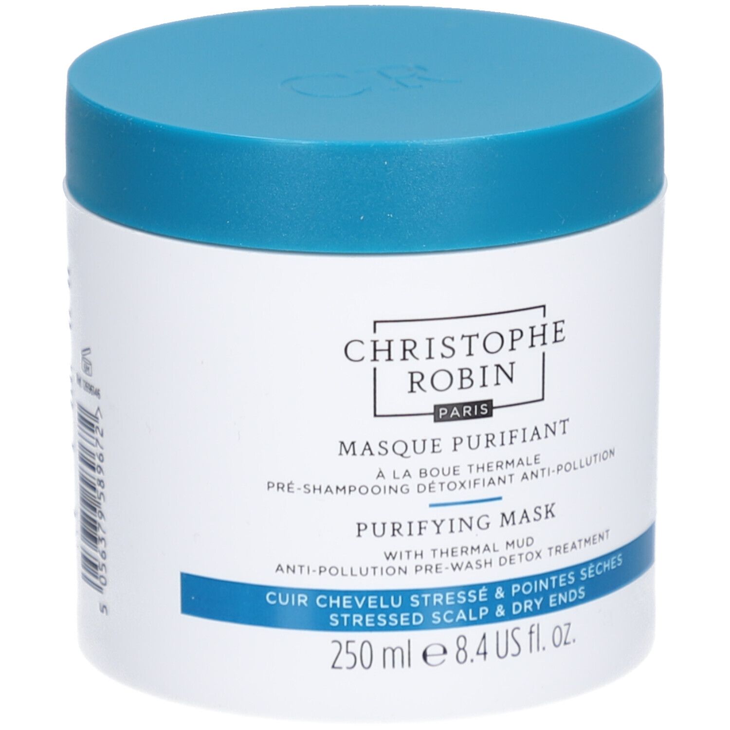 Weißes Tiegel mit blauem Deckel. Aufschrift: Christophe Robin, Masque Purifiant, 250 ml.