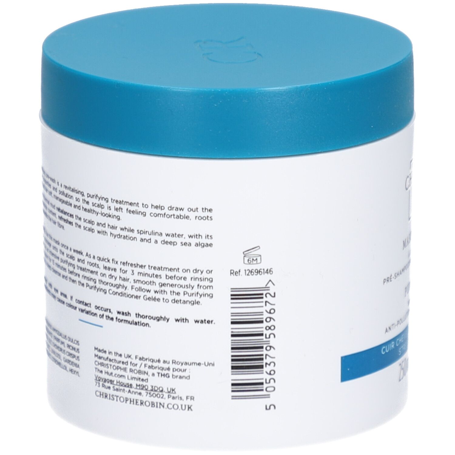 Rückseite des weißen Tiegels mit blauem Deckel. Text und Barcode.