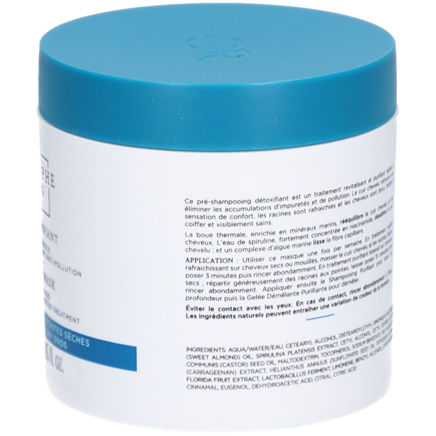 Rückseite des weißen Tiegels mit blauem Deckel. Text über Anwendung und Inhaltsstoffe.