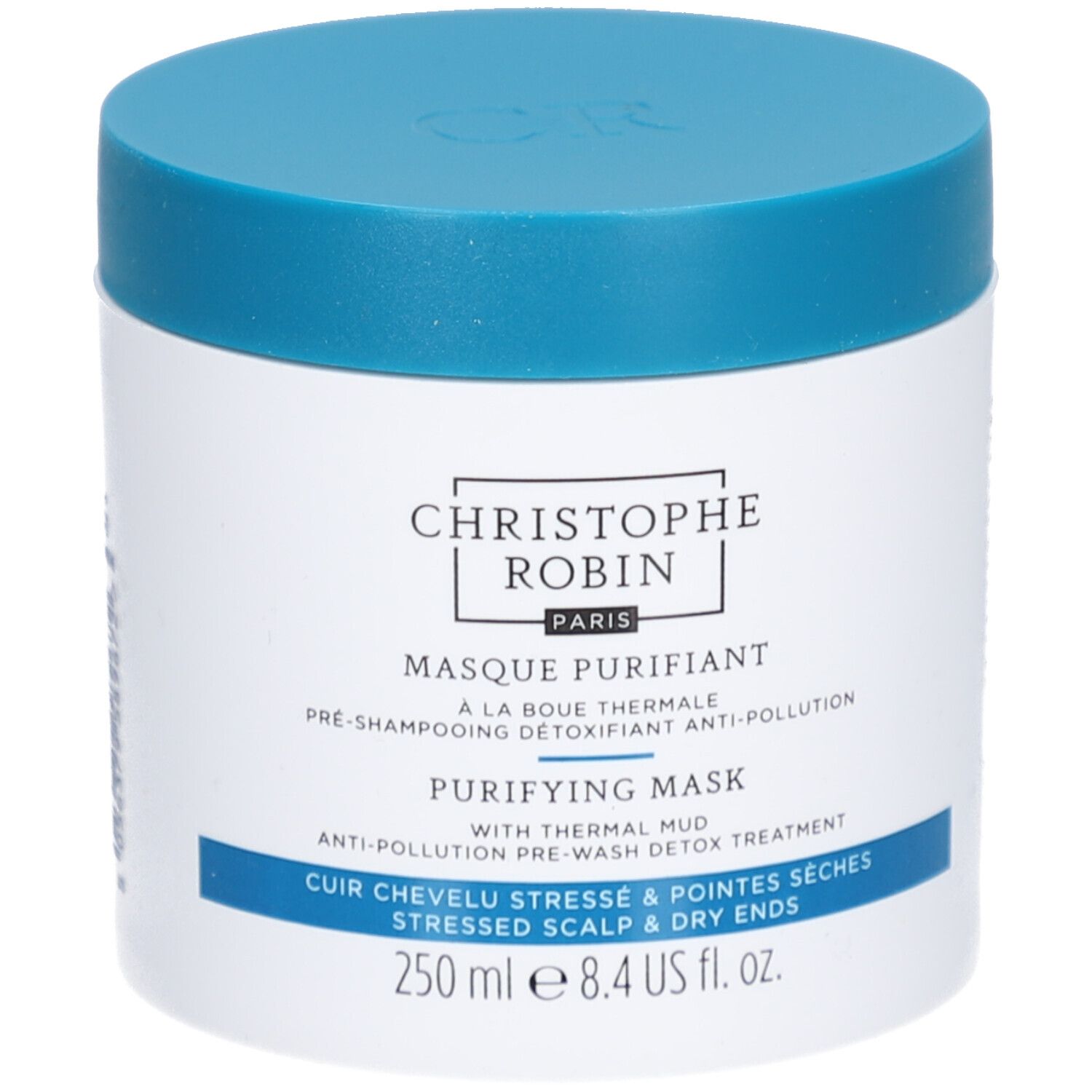 Weißer Tiegel mit blauem Deckel. Aufschrift: Christophe Robin, Masque Purifiant, 250 ml.