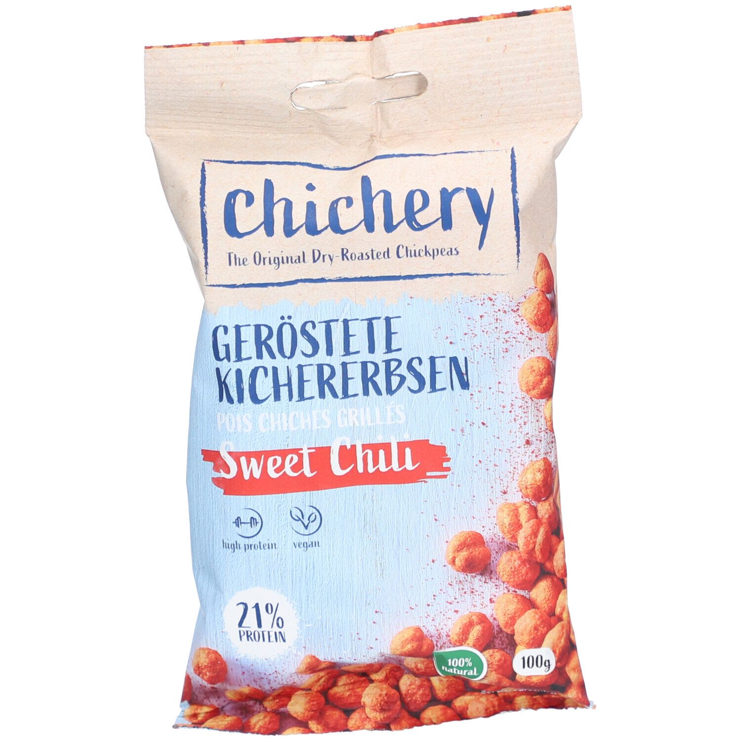 Packung "chichery" Geröstete Kichererbsen Sweet Chili. Sichtbar: Produkt, Schriftzug, 21% Protein, vegan, 100% natürlich.