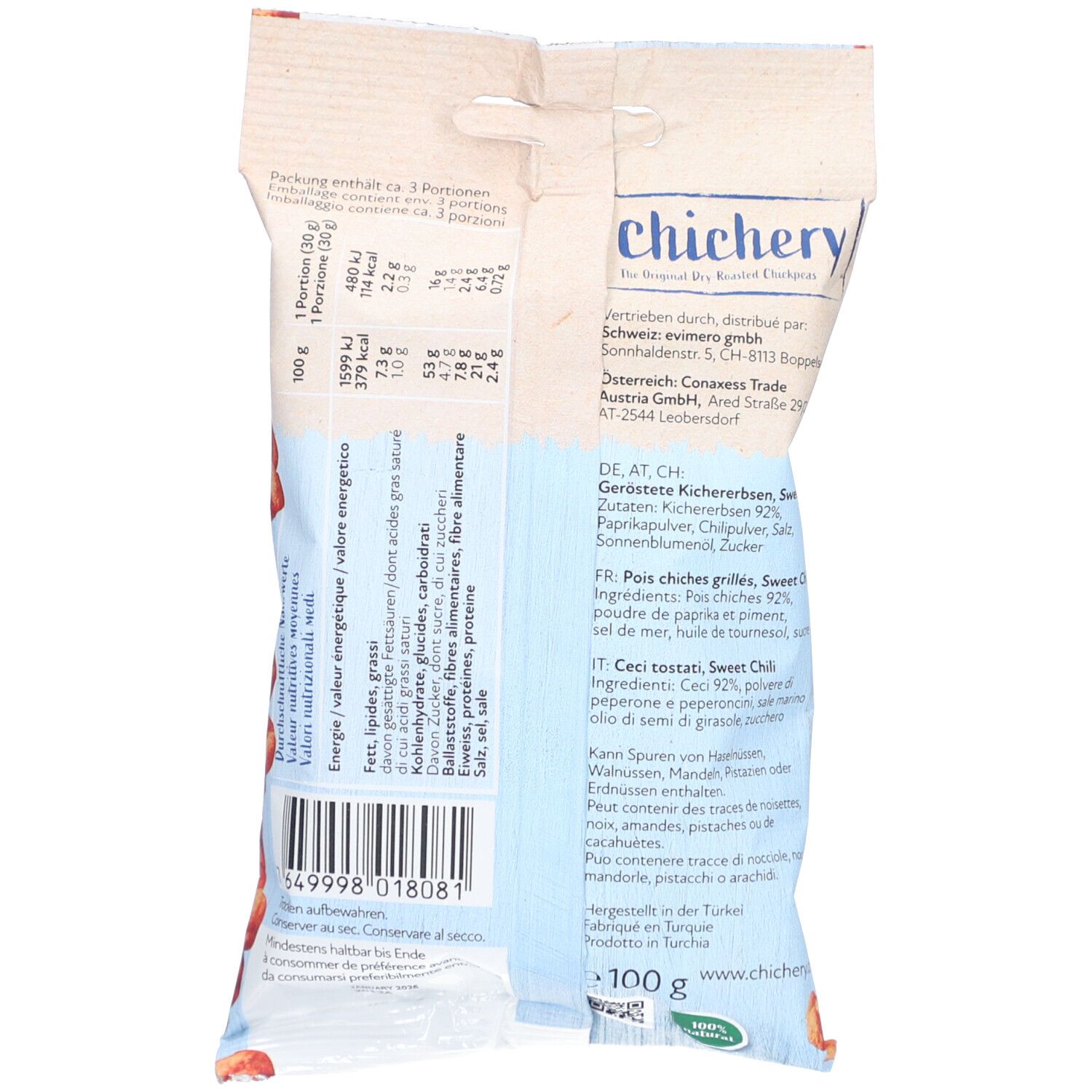 Rückseite der "chichery" Packung. Text: Zutaten, Nährwerte, Herstellerinformationen, 100g, vegan, 100% natürlich.