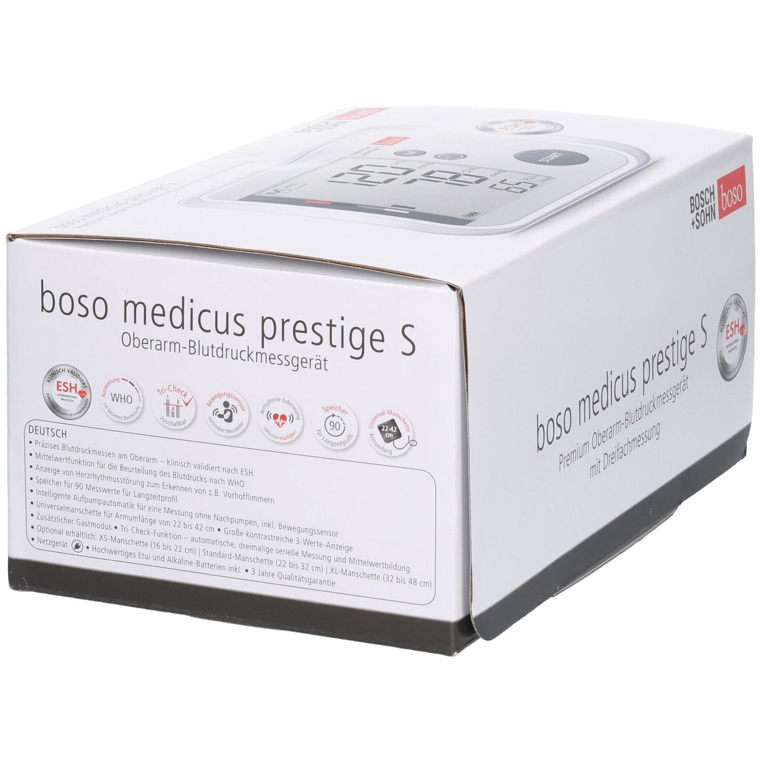 Emballage du tensiomètre BOSO medicus prestige S avec sceaux ESH, OMS et autres caractéristiques.