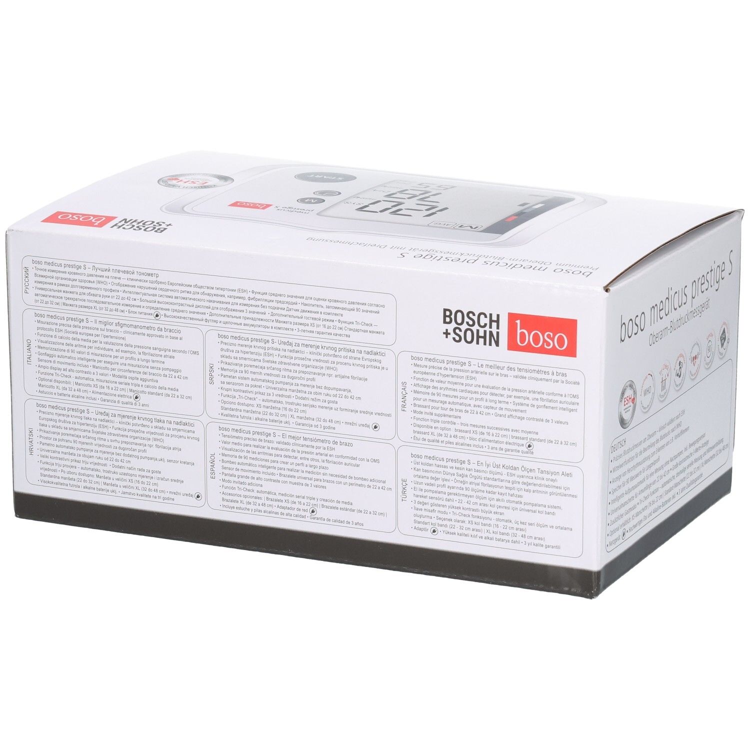 Arrière de l'emballage du tensiomètre BOSO medicus prestige S avec informations détaillées sur le produit.