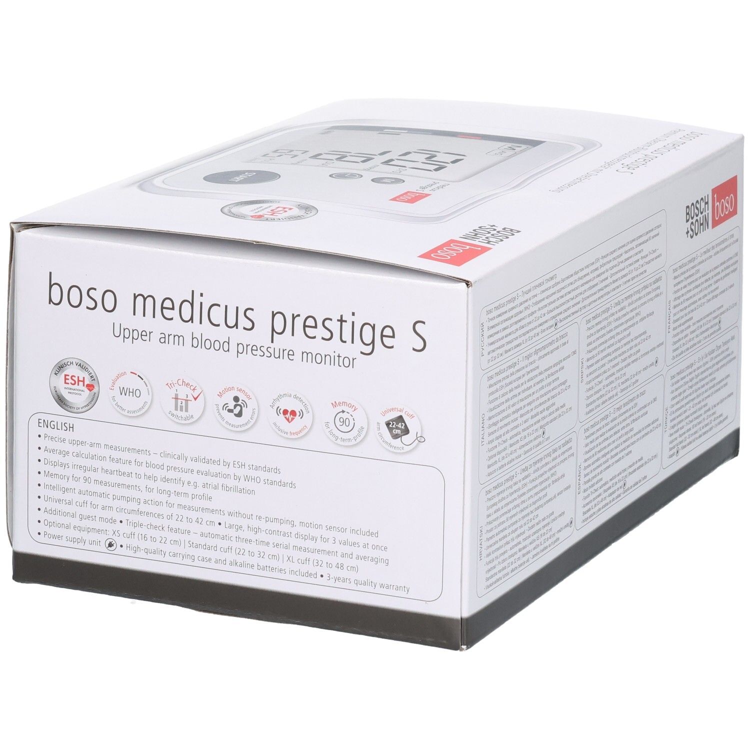Emballage du tensiomètre au bras BOSO medicus prestige S avec caractéristiques du produit en anglais.