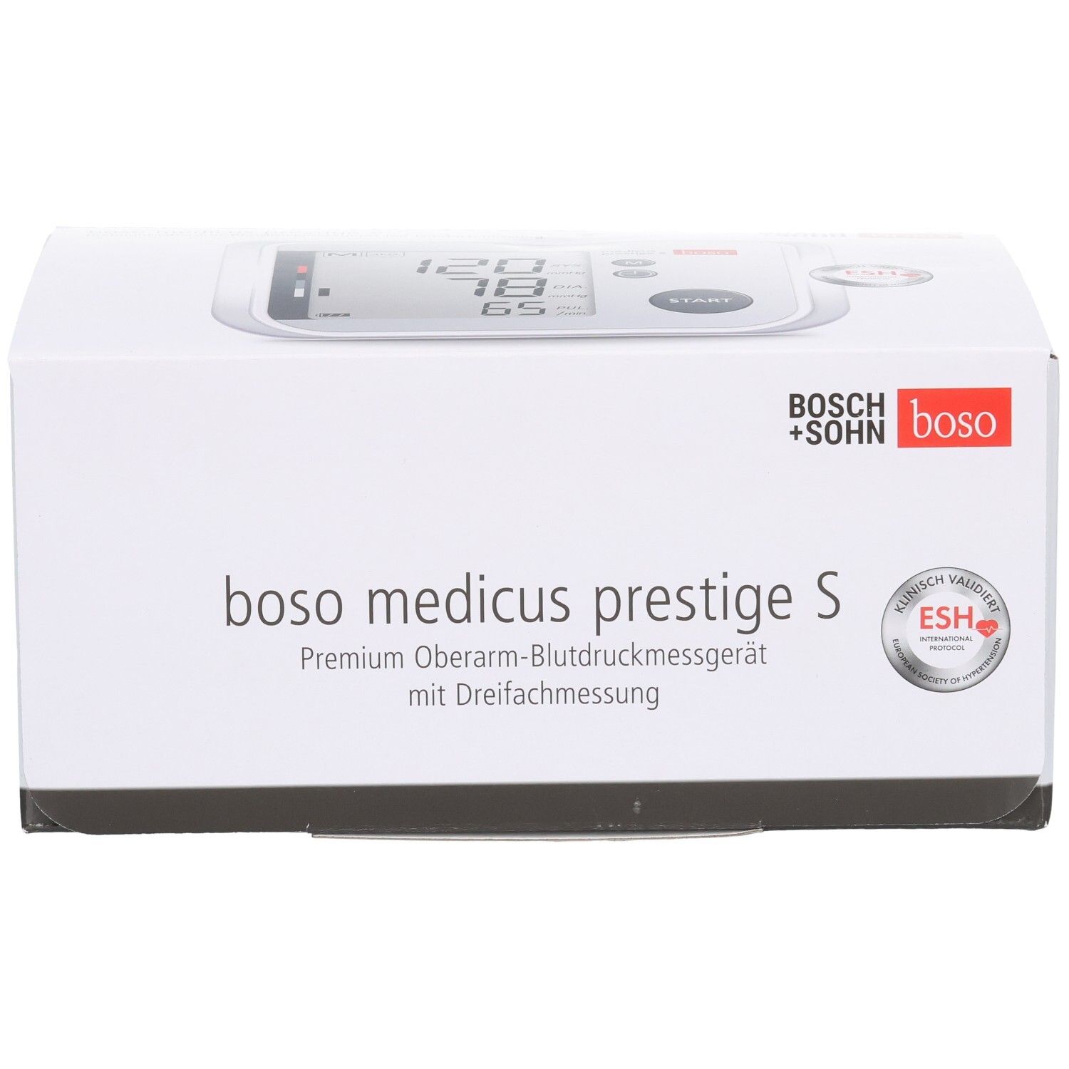 Avant de l'emballage du tensiomètre BOSO medicus prestige S avec sceau ESH et image du produit.