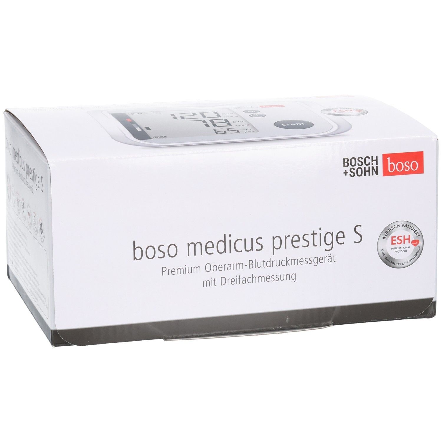 Emballage du tensiomètre BOSO medicus prestige S, avant avec sceau ESH et image du produit.