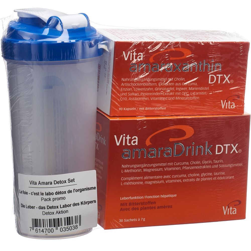Vita amaraDrink DTX® Set mit Shaker und zwei Produktboxen. Boxen mit Produktnamen und Inhaltsangaben. Shaker blau-weiß.
