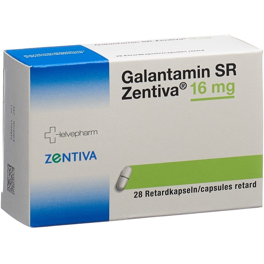 Boîte de médicament. Emballage bleu et blanc avec des accents verts. Inscription : GALANTAMIN SR Zentiva Ret Kaps 16 mg.