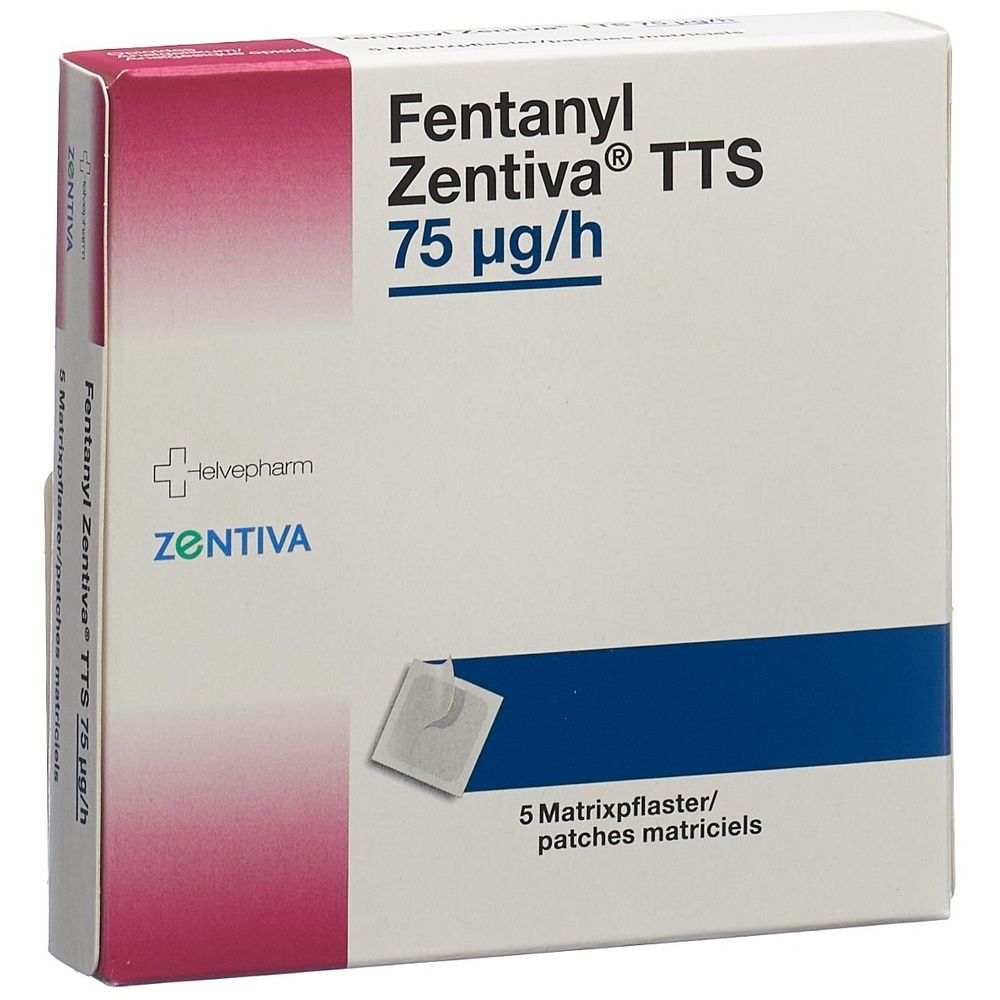 Kartonverpackung mit Produktbezeichnung Fentanyl Zentiva TTS 75 mcg/h. Rosa und weißes Design mit blauer Linie.