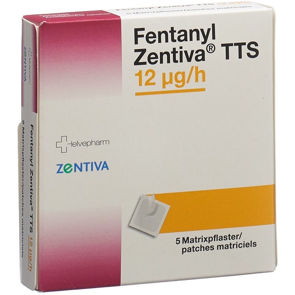 Karton Fentanyl Zentiva TTS. Aufdruck: 12 mcg/h. Farbgebung: Weiß, Rosa, Gelb. Text auf Deutsch.