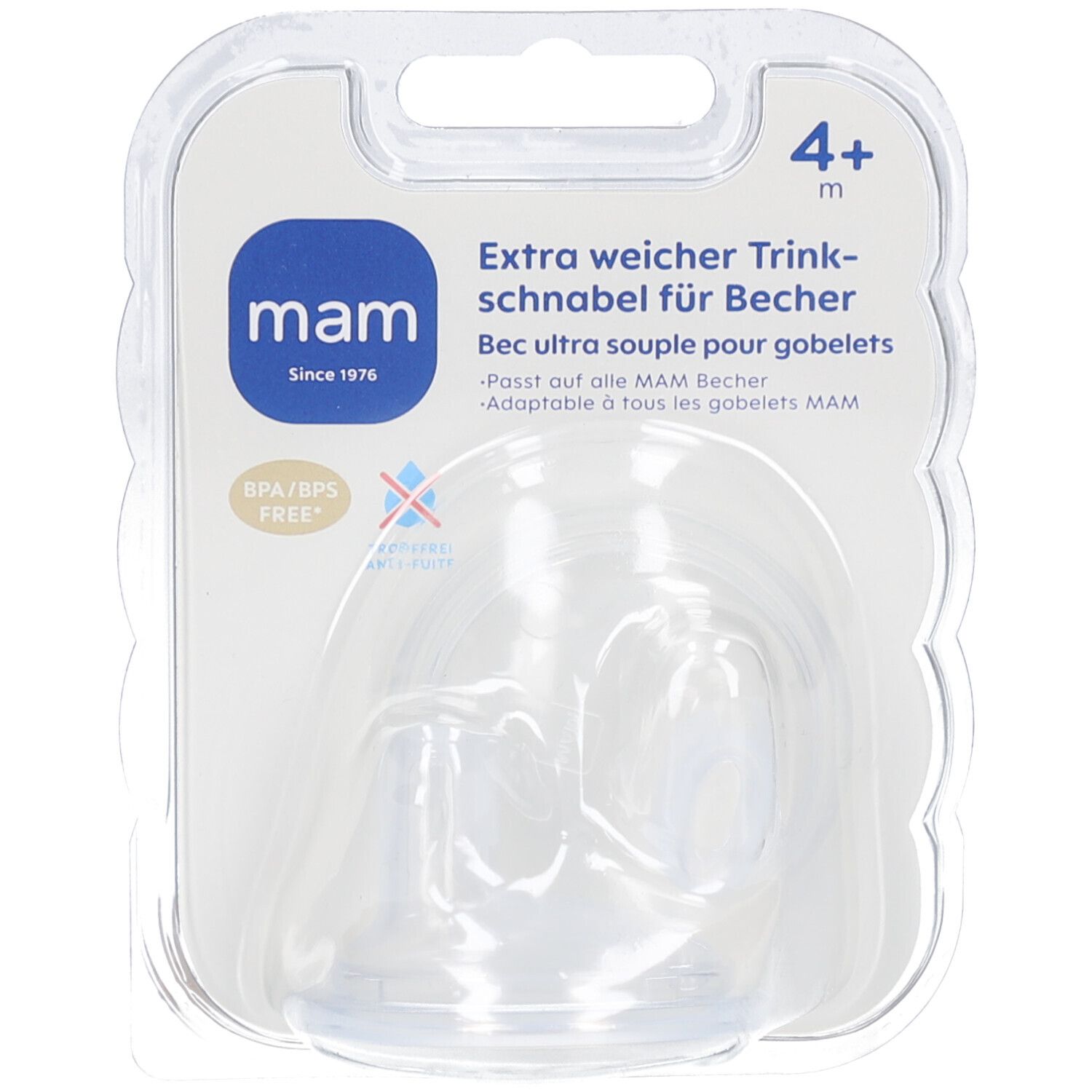 Tétine transparente MAM pour gobelets, emballage blister. Visible: logo, texte, sans BPA/BPS.