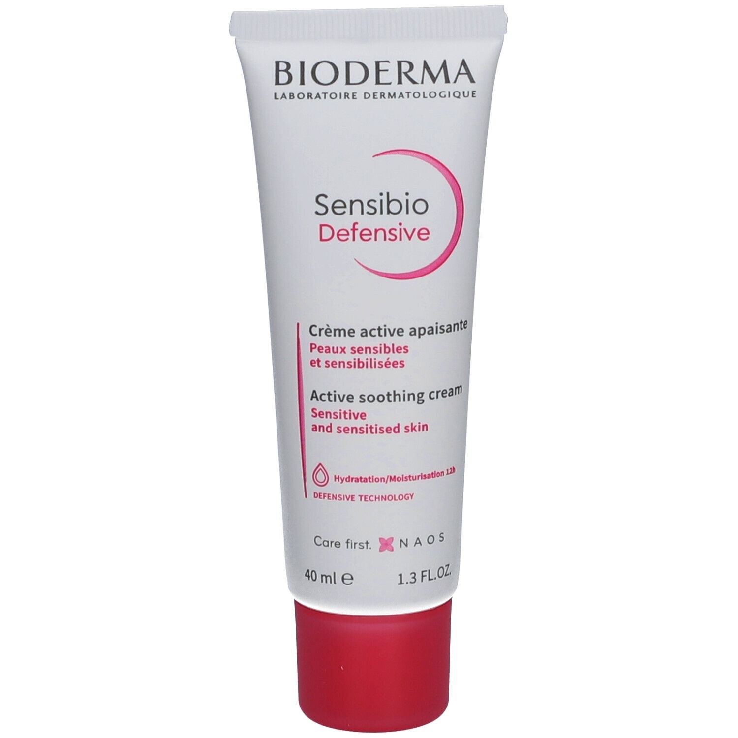 Tube de crème BIODERMA Sensibio Defensive. Inscription : Active soothing cream. Bouchon rouge. 40 ml.