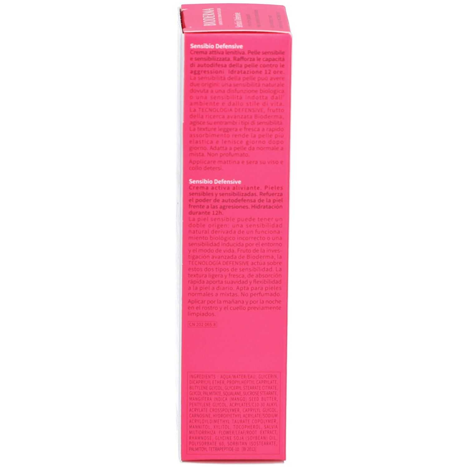 Côté de l'emballage. Texte multilingue. BIODERMA Sensibio Defensive. Rose.