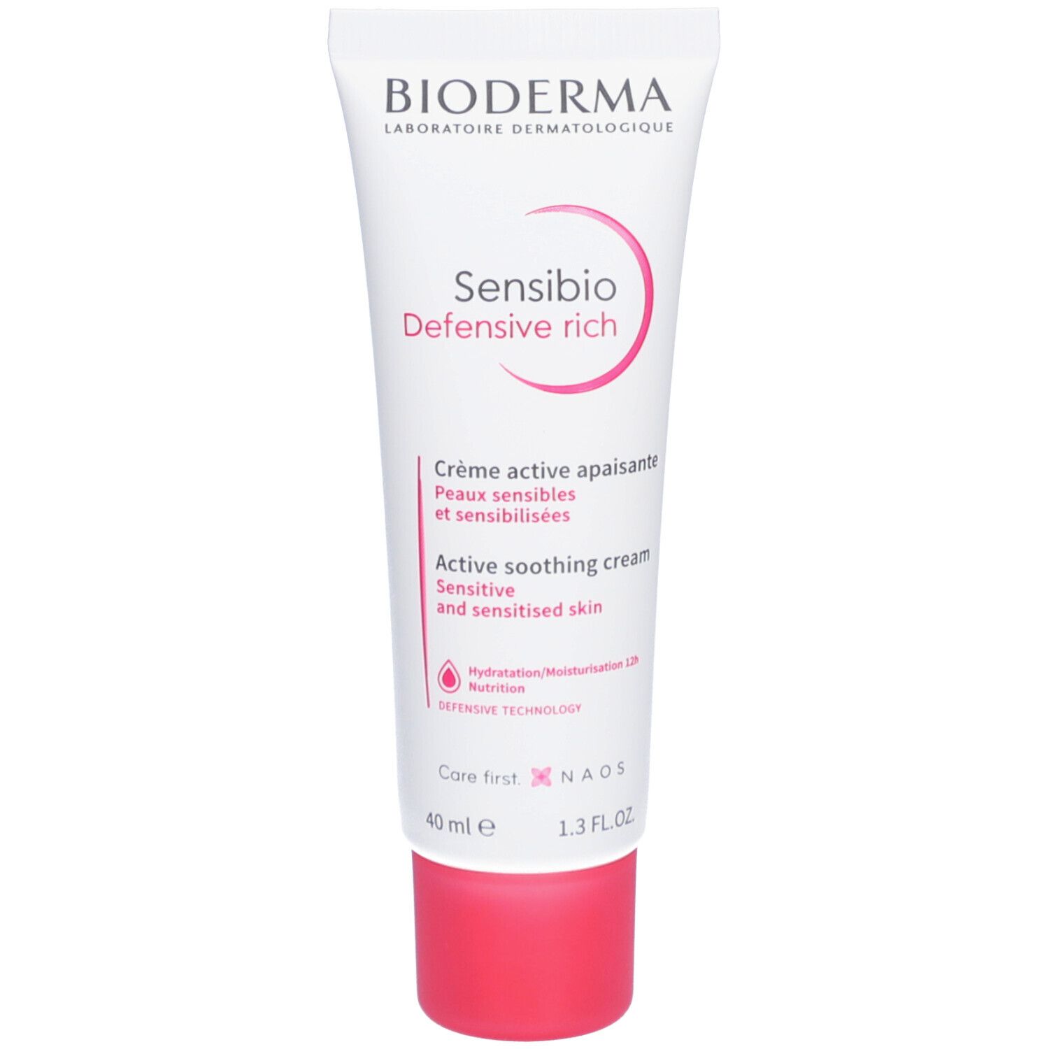 BIODERMA Sensibio Defensive Rich Creme. Weiße Tube mit rosa Akzenten. 40 ml. Text: Active soothing cream.