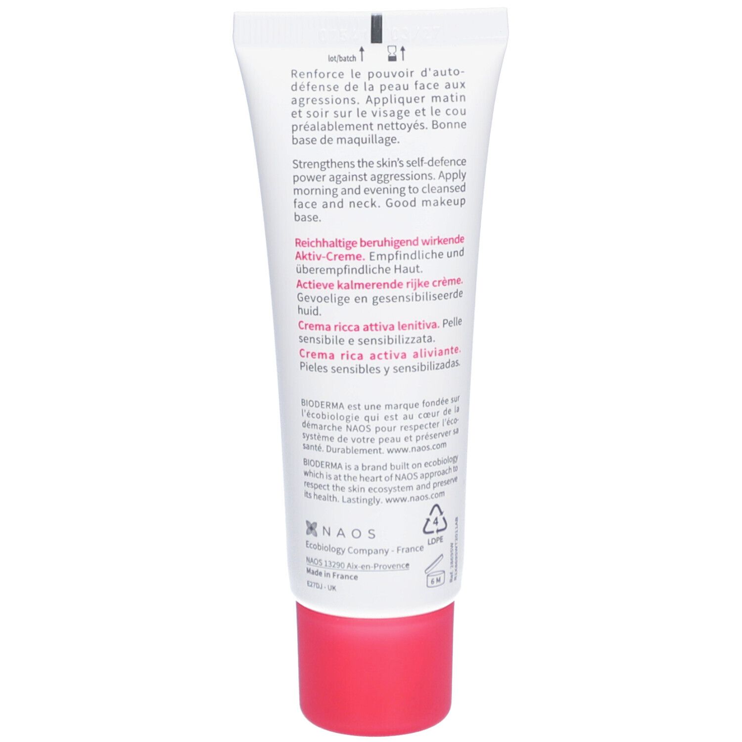 Rückseite der BIODERMA Sensibio Defensive Rich Tube. Text in mehreren Sprachen. Rosa Verschluss.